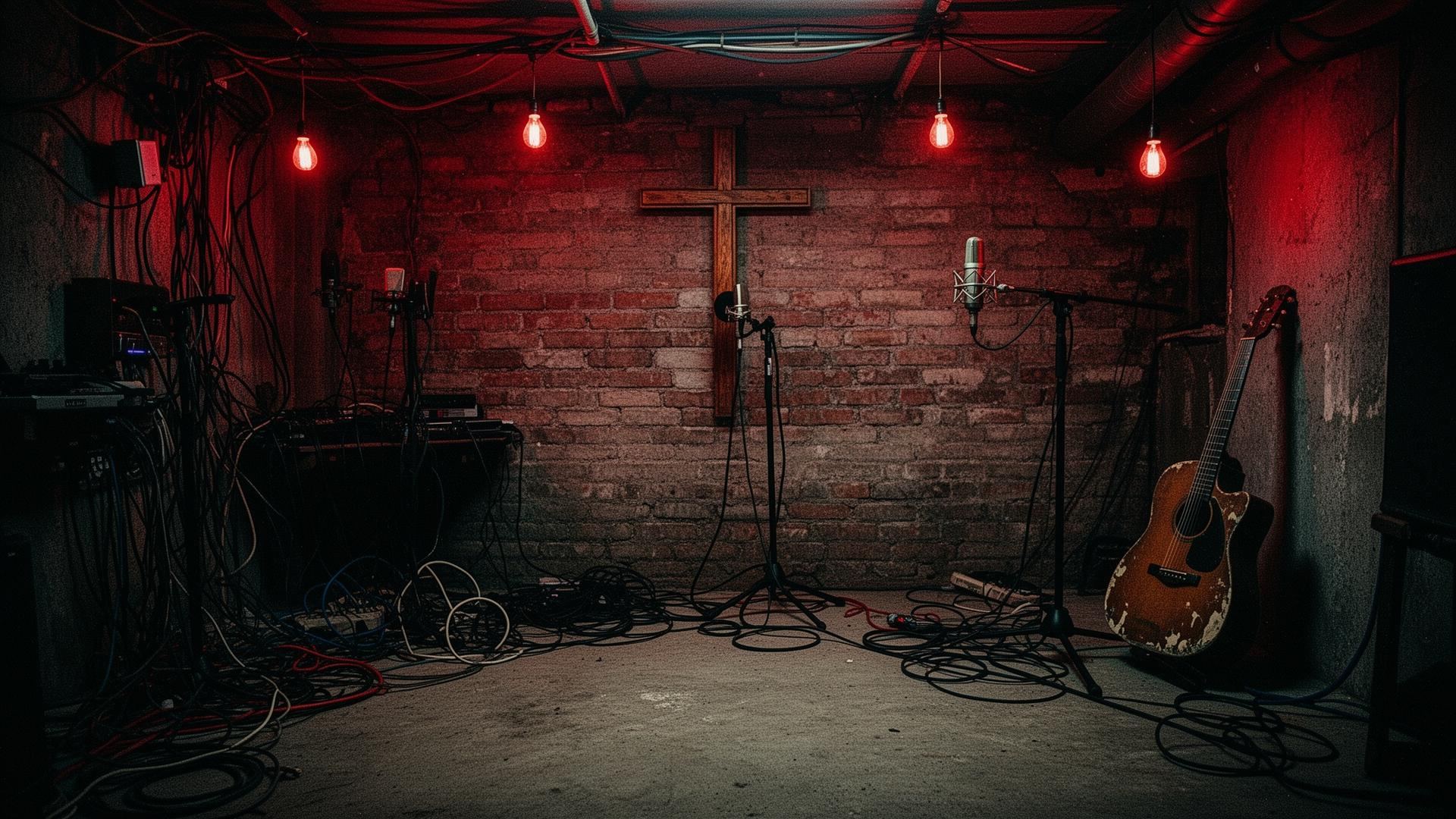 Martin Barret — exposed brick, red lights, wooden cross, tangled cables
